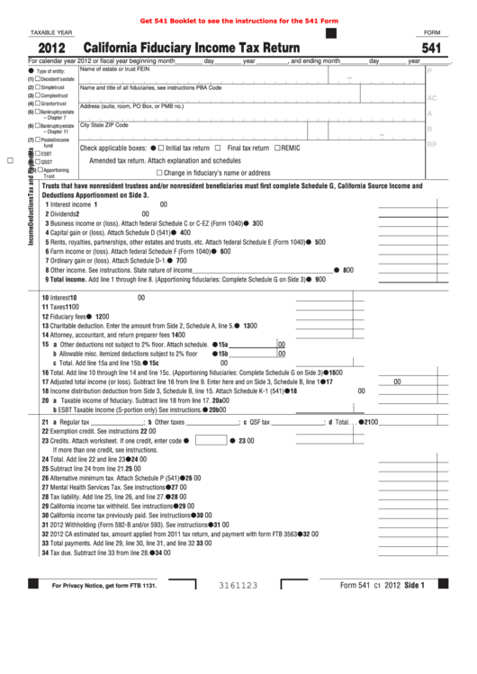 Fillable Form 541 - California Fiduciary Income Tax Return - 2012 Printable pdf