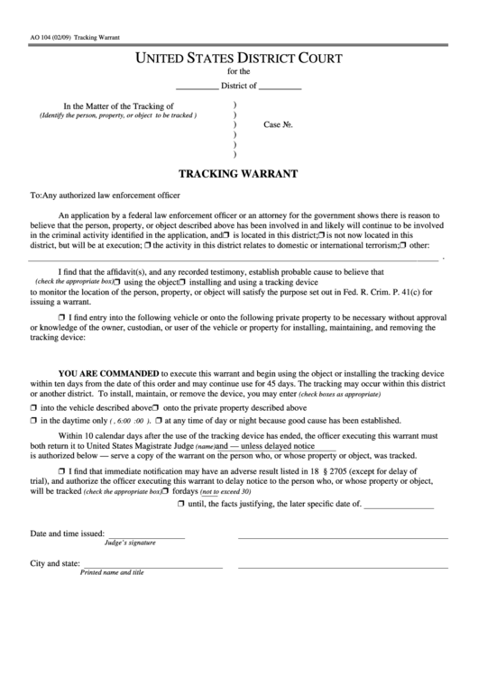 Fillable Form Ao 104 - Tracking Warrant - United States District Court Printable pdf