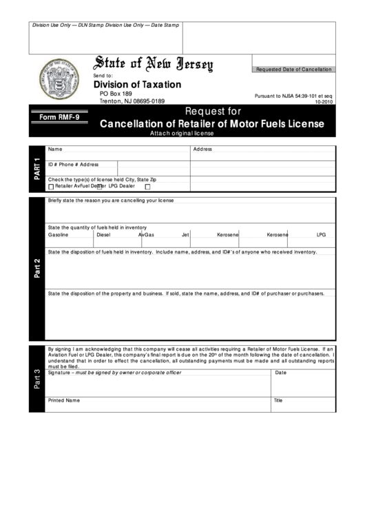 Fillable Form Rmf-9 - Request For Cancellation Of Retailer Of Motor Fuels License Printable pdf