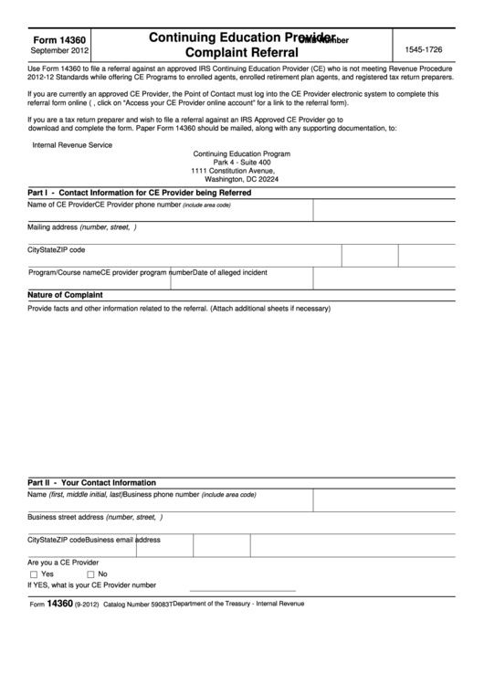 Fillable Form 14360 - Continuing Education Provider Complaint Referral Printable pdf
