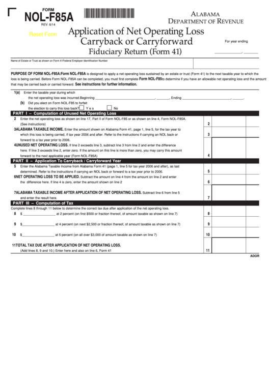 Fillable Form Nol-F85a - Alabama Application Of Net Operating Loss Carryback Or Carryforward Printable pdf