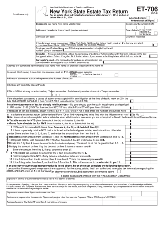 Fillable Form Et-706 - New York State Estate Tax Return Printable pdf