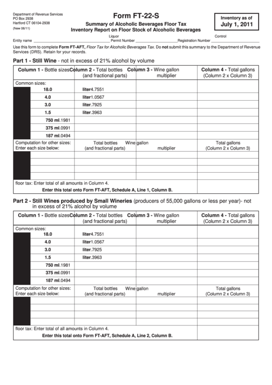 Fillable Form Ft-22-S - Summary Of Alcoholic Beverages Floor Tax Inventory Report On Floor Stock Of Alcoholic Beverages Printable pdf