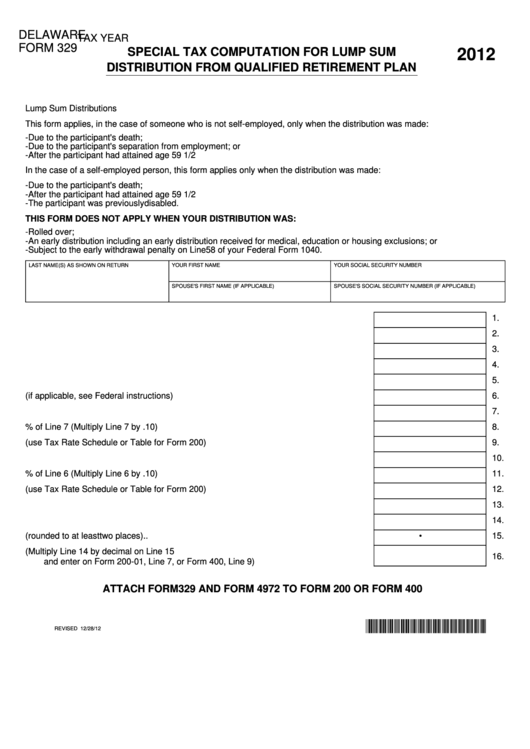 Fillable Delaware Form 329 - Special Tax Computation For Lump Sum Distribution From Qualified Retirement Plan - 2012 Printable pdf
