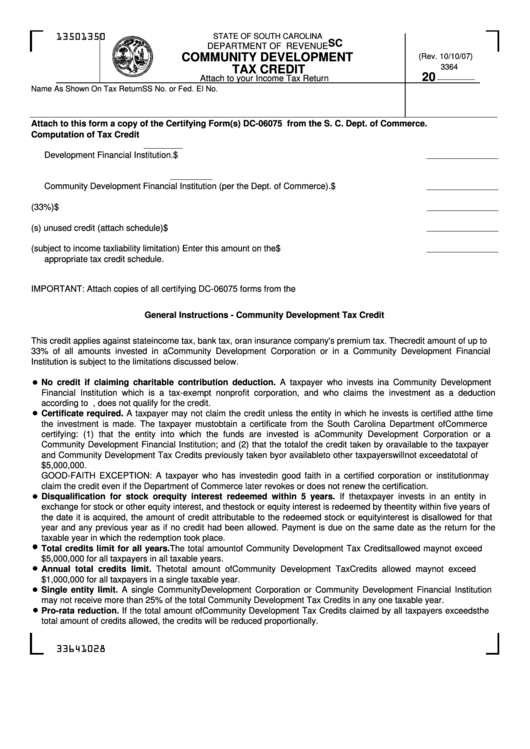 Form Sc Sch.tc-14 - South Carolina Community Development Tax Credit Printable pdf
