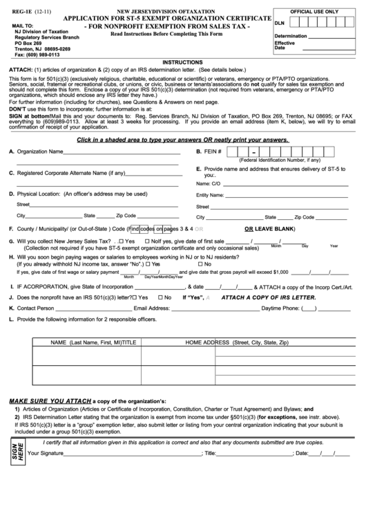 Form Reg-1e - Application For St-5 Exempt Organization Certificate For Nonprofit Exemption From Sales Tax