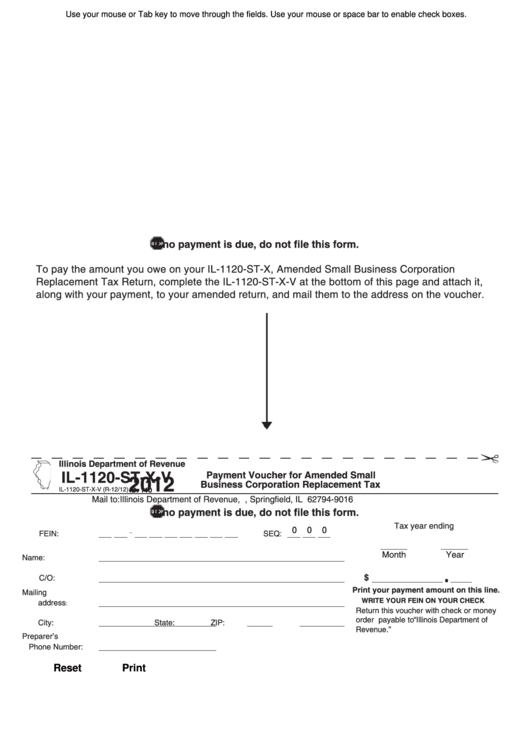 Fillable Form Il-1120-St-X-V - Payment Voucher For Amended Small Business Corporation Replacement Tax - 2012 Printable pdf