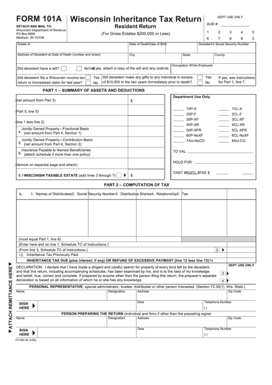 Form 101a - Wisconsin Inheritance Tax Return Printable pdf