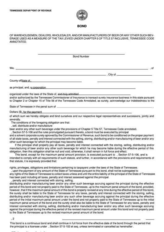 Form Rv-F1307201 - Bond Of Warehousemen, Dealers, Wholesaler, And/or Manufacturers Of Beer Or Any Other Such Beverage Used As A Measure Of The Tax Levied Under Chapter 5 Of Title 57 Inclusive, Tennessee Code Annotated Printable pdf