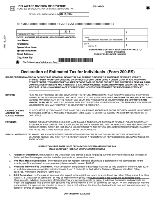 Fillable Form 200-Es - Declaration Of Estimated Tax For Individuals - 2013 Printable pdf
