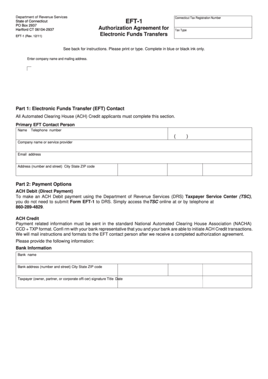 Form Eft-1 - Authorization Agreement For Electronic Funds Transfers Printable pdf