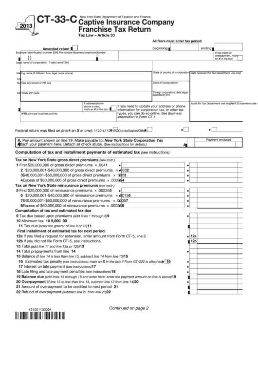 Form Ct-33-C - Captive Insurance Company Franchise Tax Return - 2013 Printable pdf