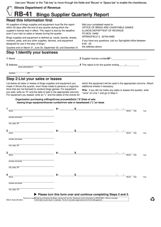 Fillable Form Rb-41 - Bingo Supplier Quarterly Report Printable pdf