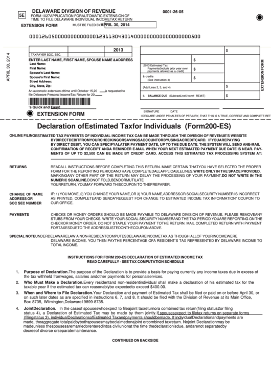 Fillable Form 200-Es - Declaration Of Estimated Tax For Individuals - 2013 Printable pdf