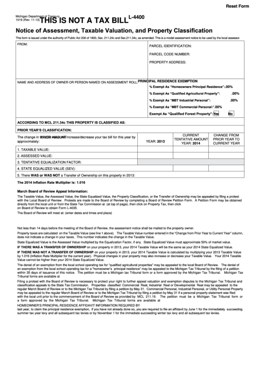 Fillable Form 1019 - Notice Of Assessment, Taxable Valuation, And Property Classification Printable pdf