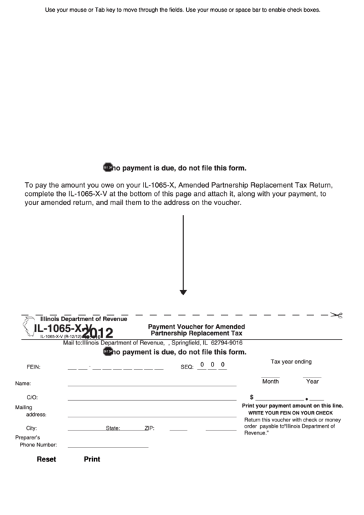 Fillable Form Il-1065-X-V - Payment Voucher For Amended Partnership Replacement Tax - 2012 Printable pdf