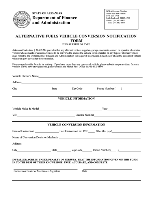 Alternative Fuels Vehicle Conversion Notification Form - Arkansas Department Of Finance And Administration Printable pdf