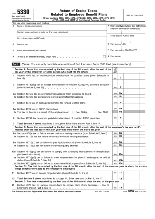 Fillable Form 5330 - Return Of Excise Taxes Related To Employee Benefit Plans Printable pdf