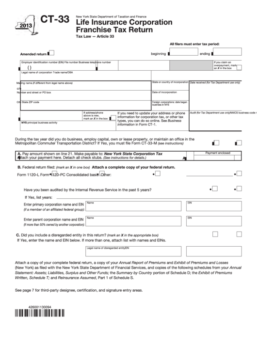 Fillable Form Ct-33 - Life Insurance Corporation Franchise Tax Return - 2013 Printable pdf