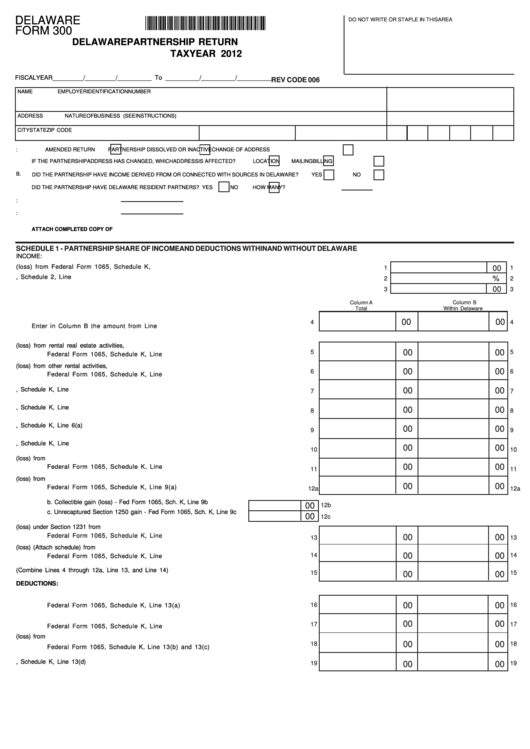 Fillable Delaware Form 300 - Delaware Partnership Return - 2012 Printable pdf