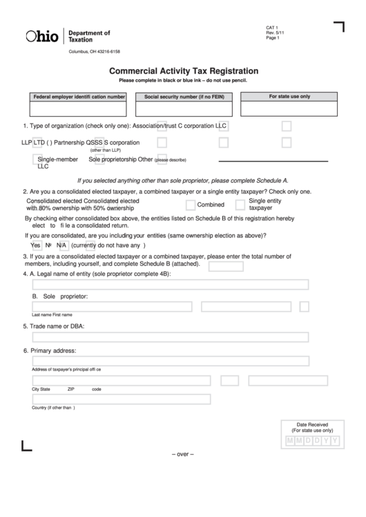 Fillable Form Cat 1 - Commercial Activity Tax Registration Printable pdf
