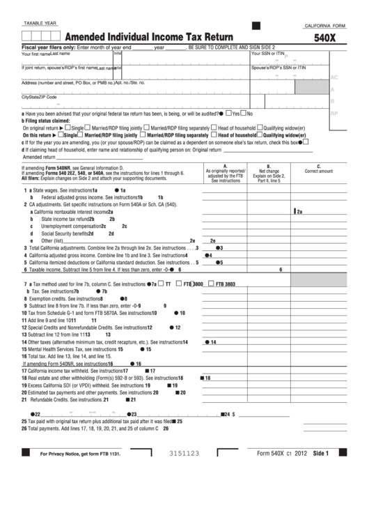 Fillable California Form 540x - Amended Individual Income Tax Return Printable pdf