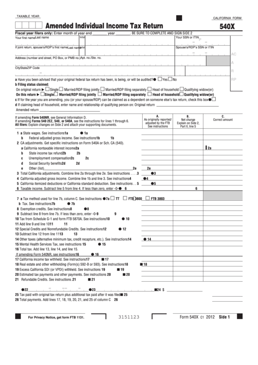 Fillable California Form 540x Amended Individual Income Tax Return 