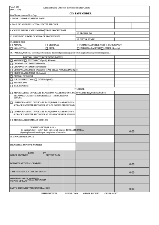 Fillable Form Ao 436 - Cd/ Tape Order - Administrative Office Of The United States Courts Printable pdf