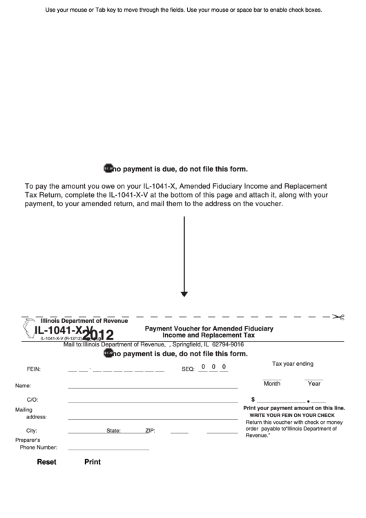 Fillable Form Il-1041-X-V - Payment Voucher For Amended Fiduciary Income And Replacement Tax - 2012 Printable pdf