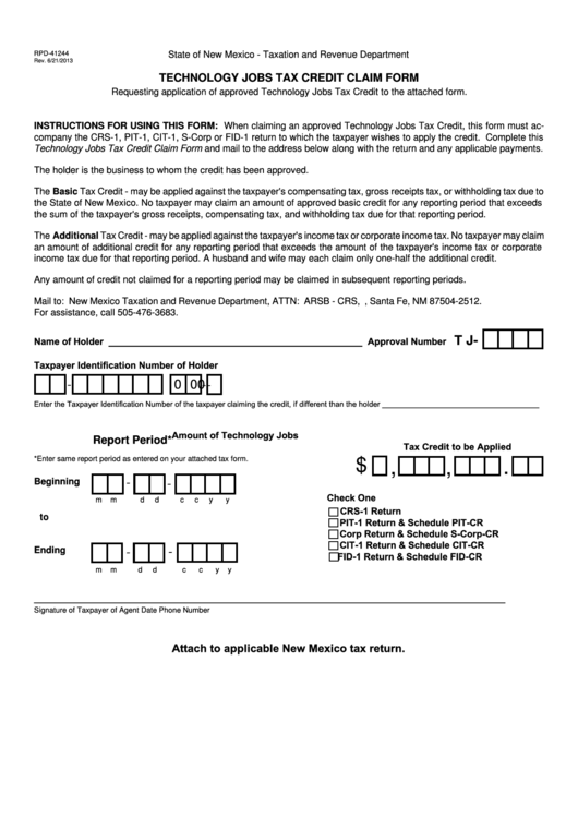 Form Rpd-41244 - Technology Jobs Tax Credit Claim Form Printable pdf