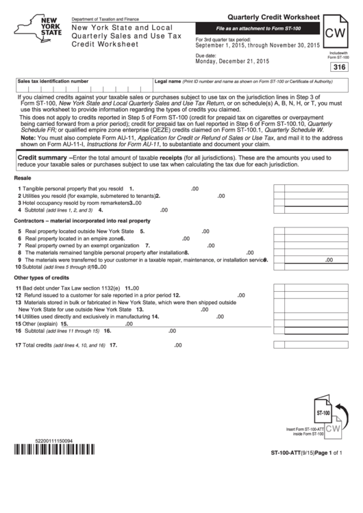 Form St-100-Att - New York State And Local File As An Attachment To Form St-100 Quarterly Sales And Use Tax Credit Worksheet - 2015 Printable pdf