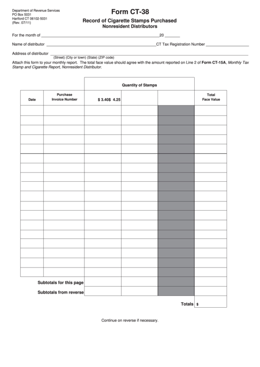 Fillable Form Ct-38 - Record Of Cigarette Stamps Purchased Nonresident Distributors Printable pdf