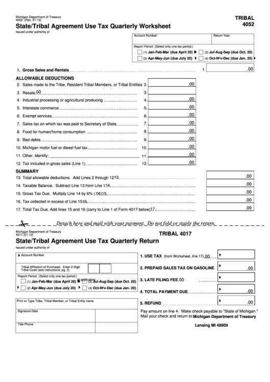 Fillable Form 4052 - State/tribal Agreement Use Tax Quarterly Worksheet/form 4017 - State/tribal Agreement Use Tax Quarterly Return Printable pdf