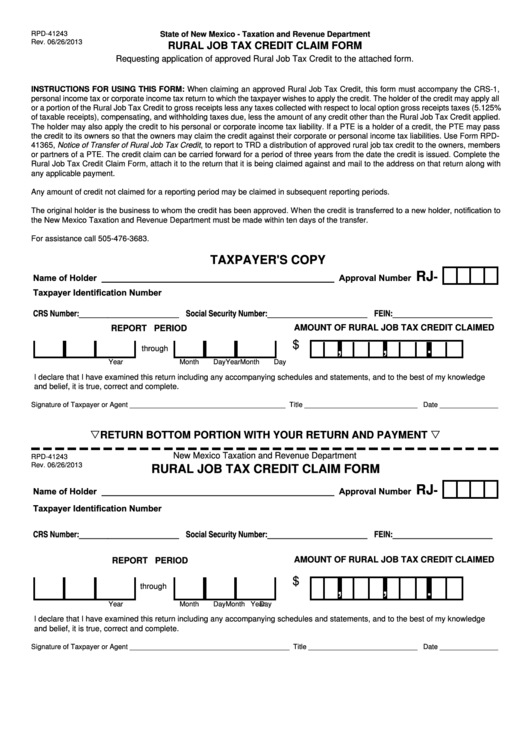 Form Rpd-41243 - Rural Job Tax Credit Claim Form Printable pdf