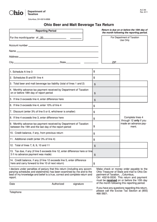 Fillable Form Alc 83 - Ohio Beer And Malt Beverage Tax Return Printable pdf