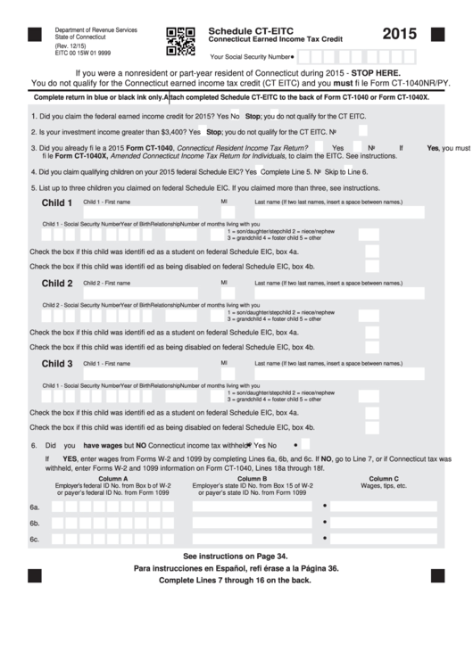 Schedule Ct-Eitc - Connecticut Earned Income Tax Credit - 2015 Printable pdf