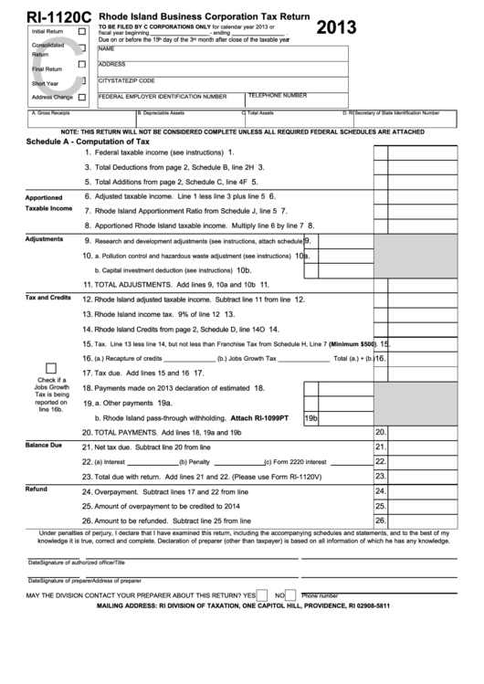 Fillable Form Ri-1120c - Rhode Island Business Corporation Tax Return - 2013 Printable pdf