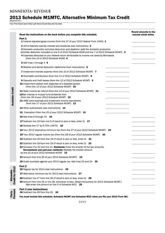 Fillable Schedule M1mtc - Alternative Minimum Tax Credit - Minnesota Department Of Revenue - 2013 Printable pdf