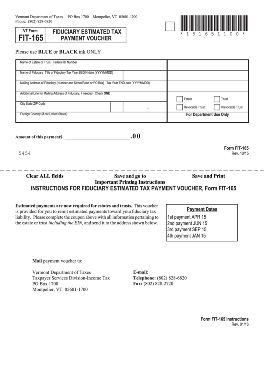 Fillable Form Fit-165 - Vermont Fiduciary Estimated Tax Payment Voucher Printable pdf