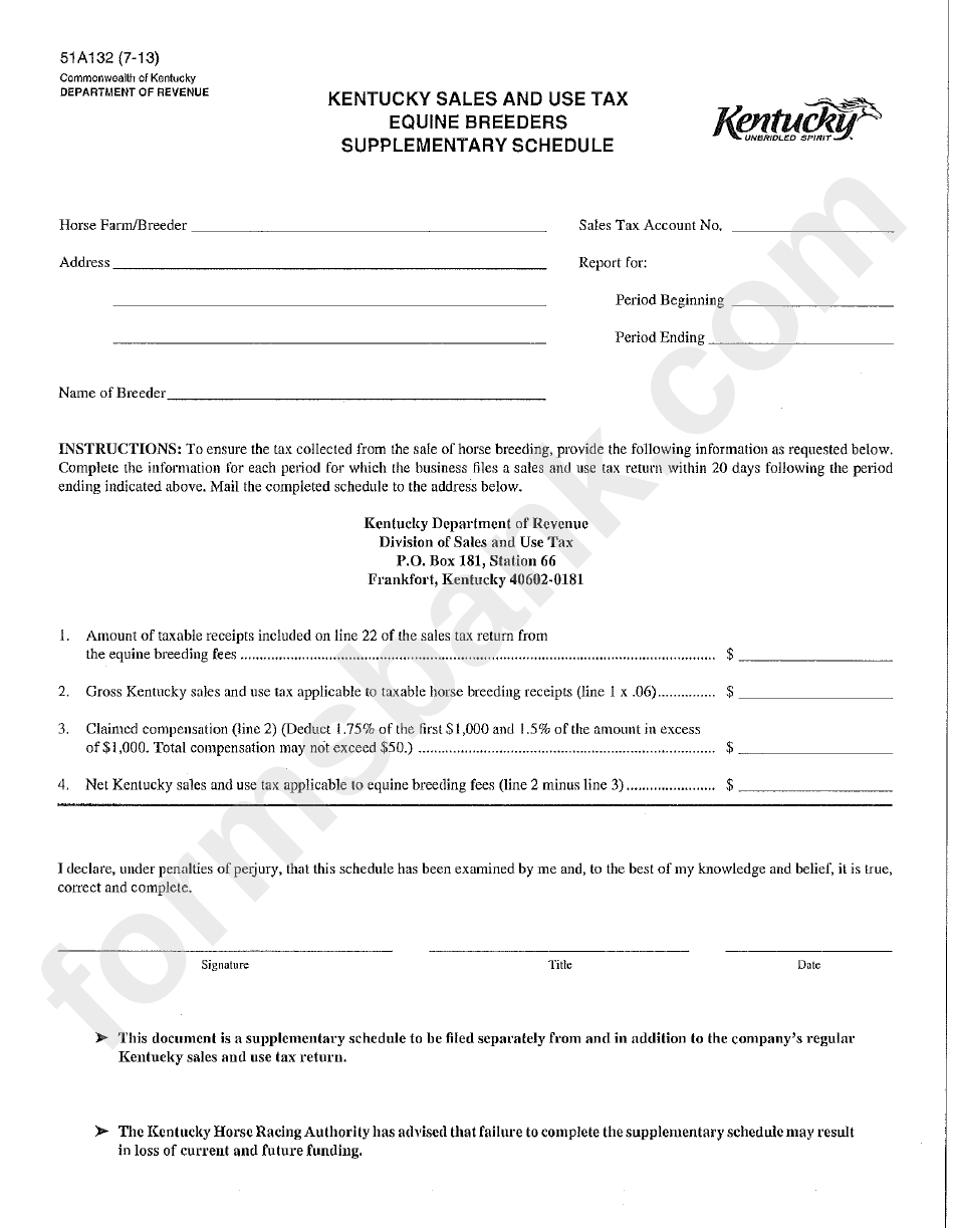 Form 51a132 - Kentucky Sales And Use Tax - Equine Breeders Supplementary Schedule