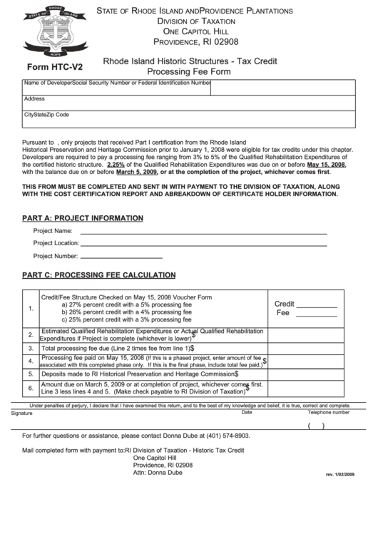 Fillable Form Htc-V2 - Rhode Island Historic Structures Tax Credit Processing Fee Form Printable pdf
