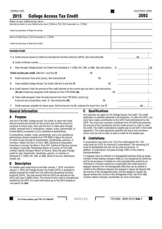 Fillable Form 3592 - California College Access Tax Credit - 2015 Printable pdf