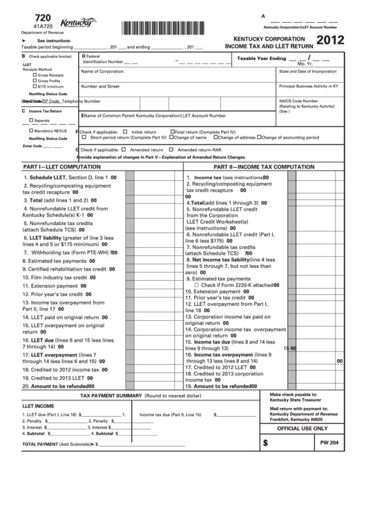 Form 720 41a720 - Kentucky Corporation Income Tax And Llet Return - 2012 Printable pdf