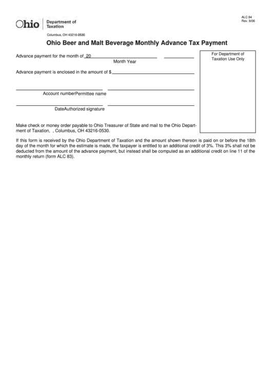 Fillable Form Alc 84 - Ohio Beer And Malt Beverage Monthly Advance Tax Payment Printable pdf