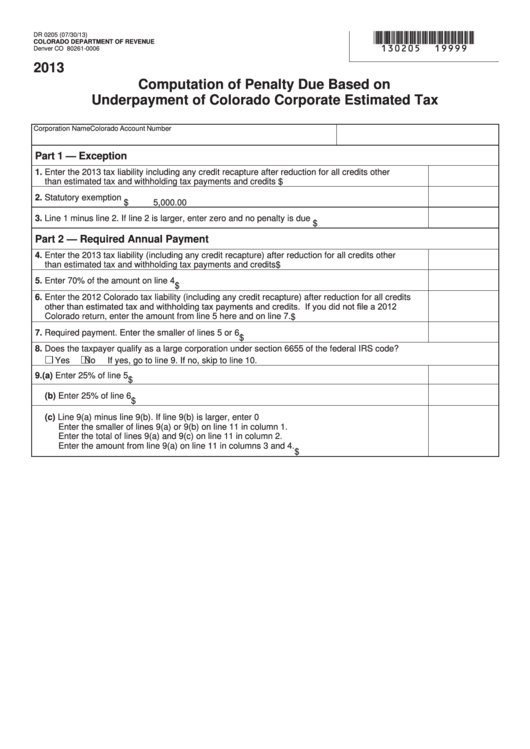Fillable Form Dr 0205 - Computation Of Penalty Due Based On Underpayment Of Colorado Corporate Estimated Tax - 2013 Printable pdf