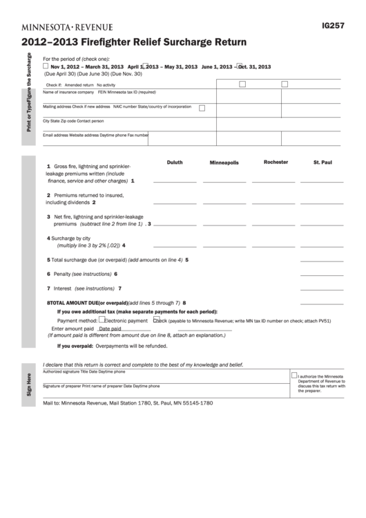 Fillable Form Ig257 - Firefighter Relief Surcharge Return - Minnesota Department Of Revenue - 2012-2013 Printable pdf