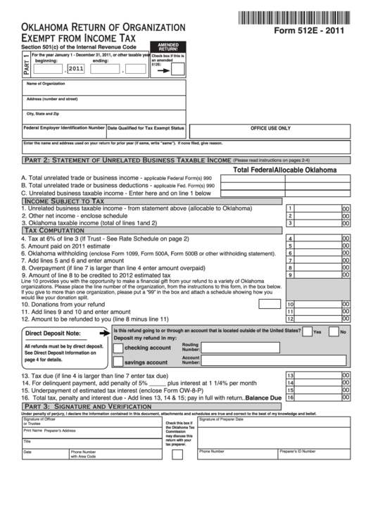Fillable Form 512e - Oklahoma Return Of Organization Exempt From Income Tax - 2011 Printable pdf