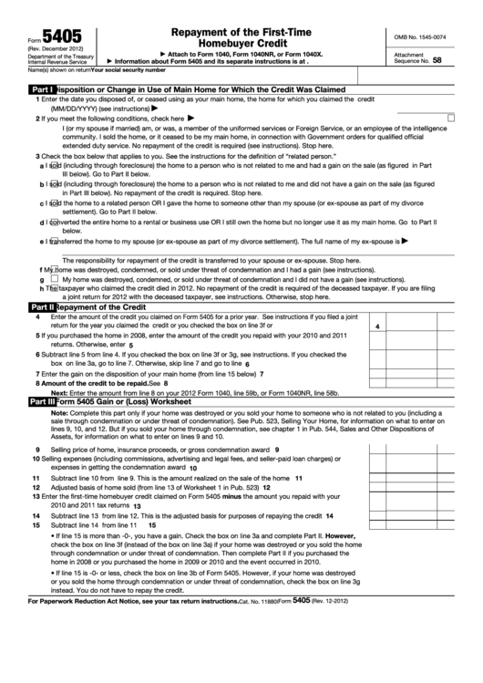 Fillable Form 5405 - Repayment Of The First-Time Homebuyer Credit Printable pdf