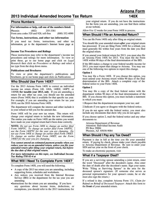 Instructions For Arizona Form 140x - 2013 Printable pdf