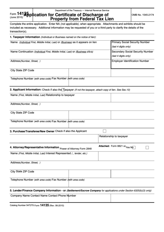 Fillable Form 14135 - Application For Certificate Of Discharge Of Property From Federal Tax Lien Printable pdf